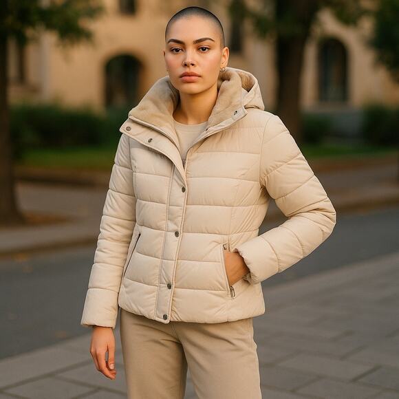 Women’s ZARA Hooded Short Puffer Coat Medium Cream - Picture 1 of 12